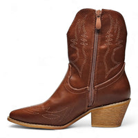 Brown leather Western Vibez Bootie with decorative stitching and wooden heel