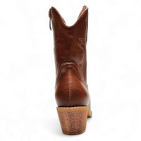 Brown leather cowboy boot with wooden heel and decorative stitching from Western Vibez Bootie