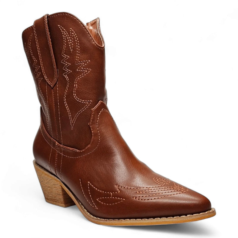 Brown leather cowboy bootie with decorative stitching and pointed toe, Western Vibez Bootie