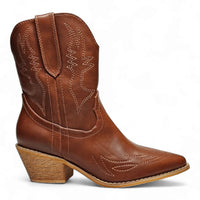 Brown leather Western Vibez Bootie with decorative stitching and pointed toe