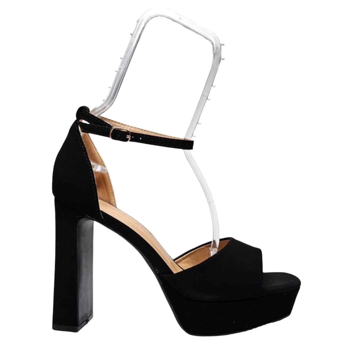 Black high-heeled platform sandal with ankle strap, perfect for When in Vegas Pumps