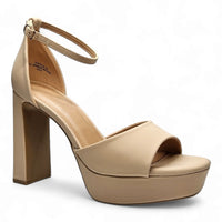 Beige high-heeled platform sandal with ankle strap from When in Vegas Pumps collection