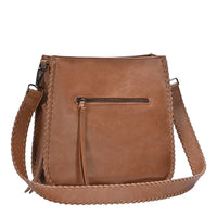 Brown leather Whipstitch Crossbody Bag with braided strap and front zipper pocket