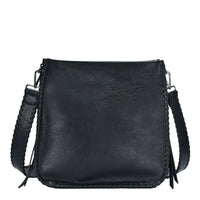 Black leather whipstitch crossbody bag with strap and detailed edges