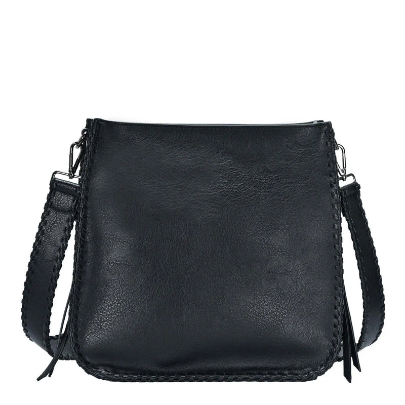 Black leather whipstitch crossbody bag with strap and detailed edges