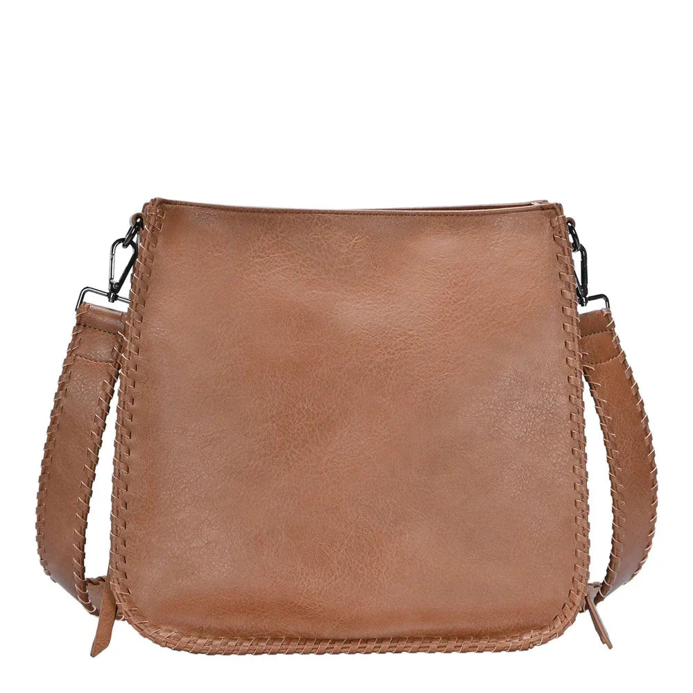 Brown leather Whipstitch Crossbody Bag featuring braided trim detail