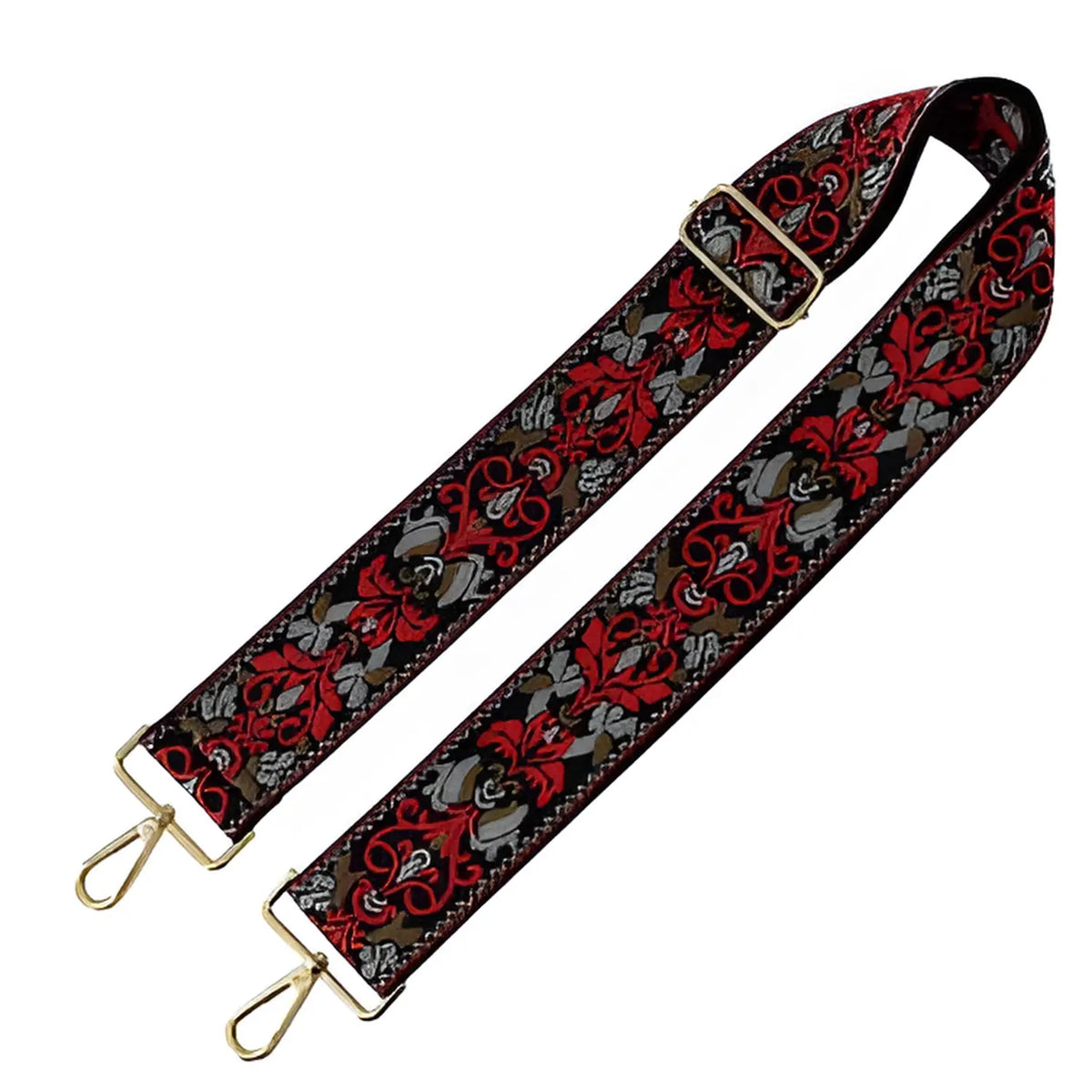 Wide Tribal Pattern Guitar Strap featuring floral decorative fabric and metal hardware ends