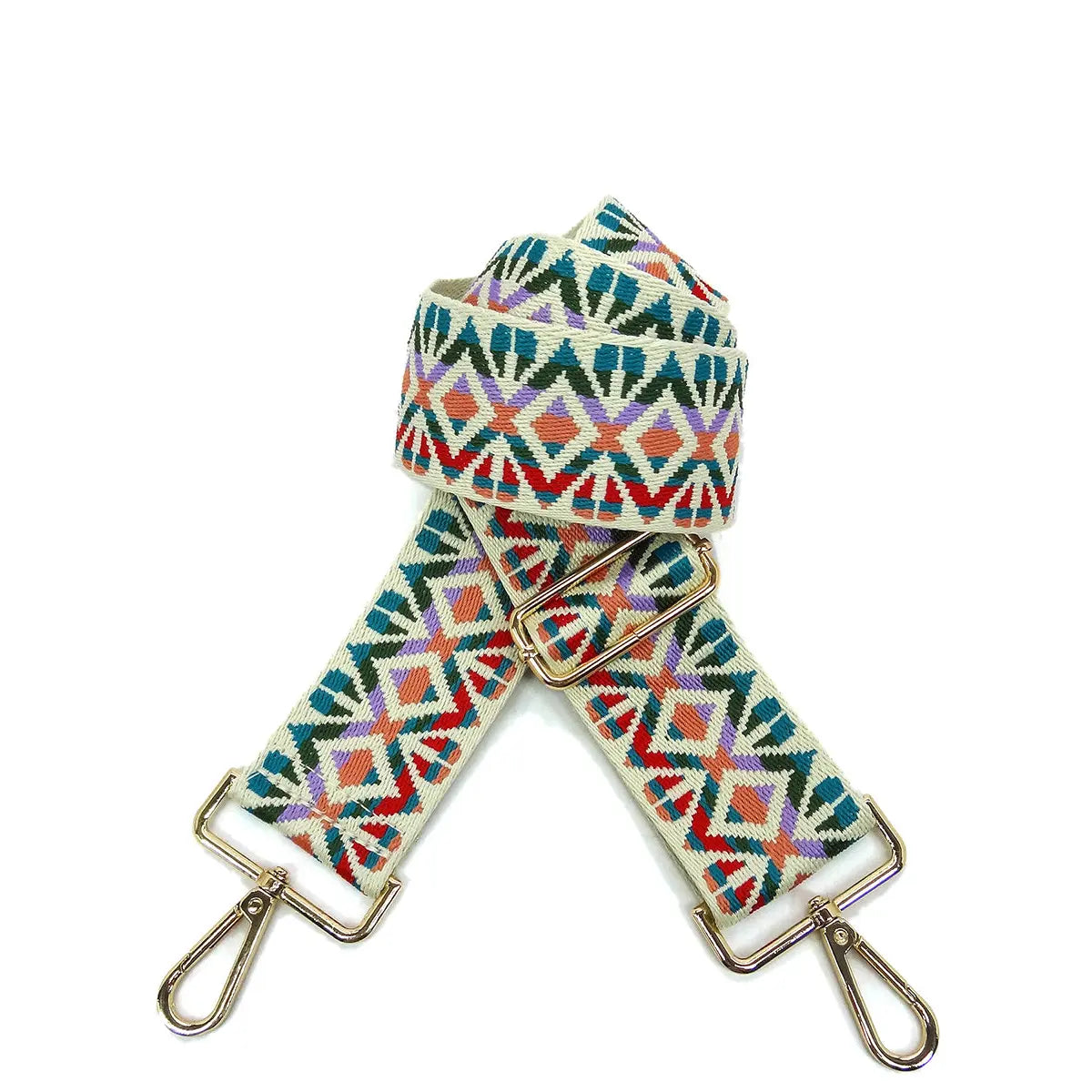 Wide Aztec Tribal Pattern Guitar Strap with colorful fabric and metal clips