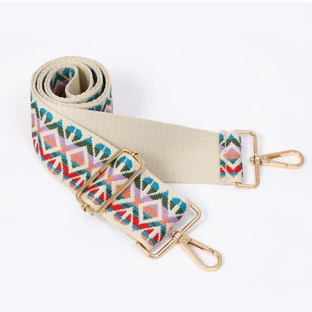 Colorful Wide Aztec Tribal Pattern Bag Strap with gold-toned metal hardware