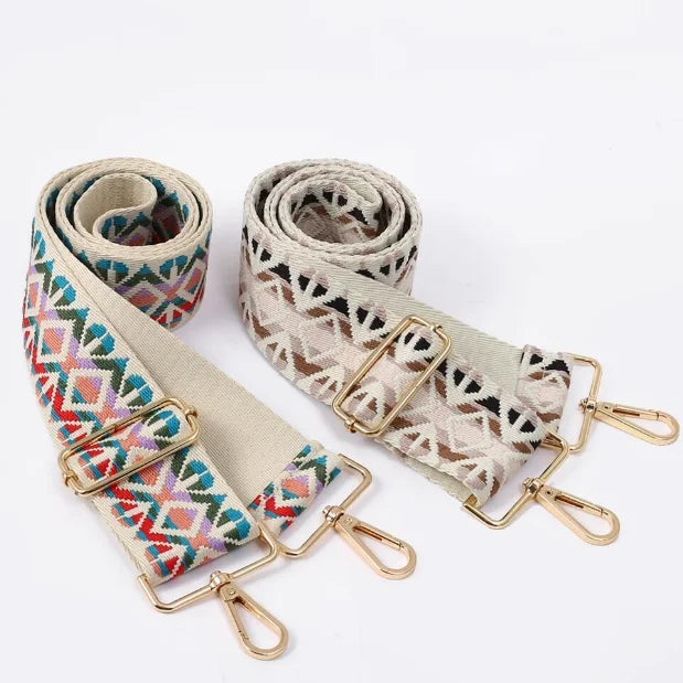 Two decorative bag straps featuring a Wide Aztec Tribal pattern and metal clasps