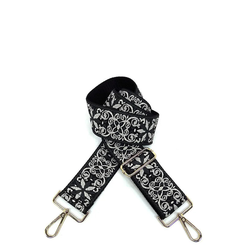 Wide Aztec Tribal Pattern Guitar Bag Strap with decorative black and white design