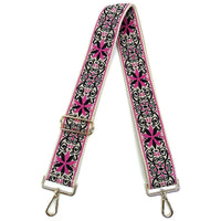 Wide Aztec Tribal Pattern guitar bag strap with pink and black floral embroidery