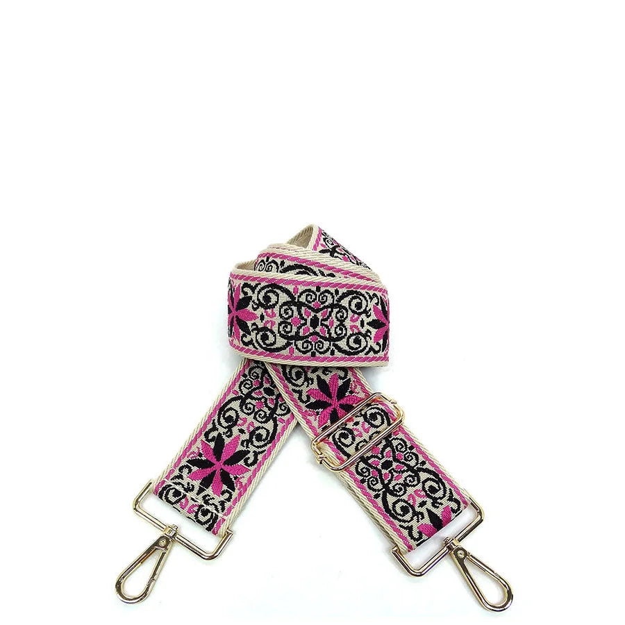 Decorative pink and black bag strap with wide Aztec tribal pattern and metal clasps