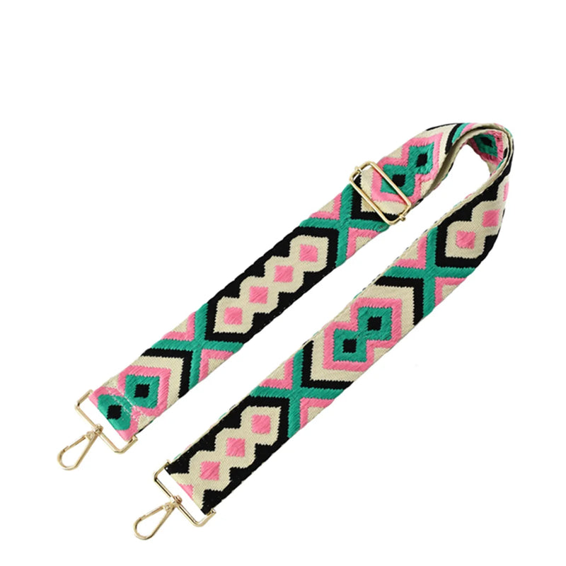 Colorful Wide Aztec Tribal Pattern Guitar Strap with geometric designs and gold hardware