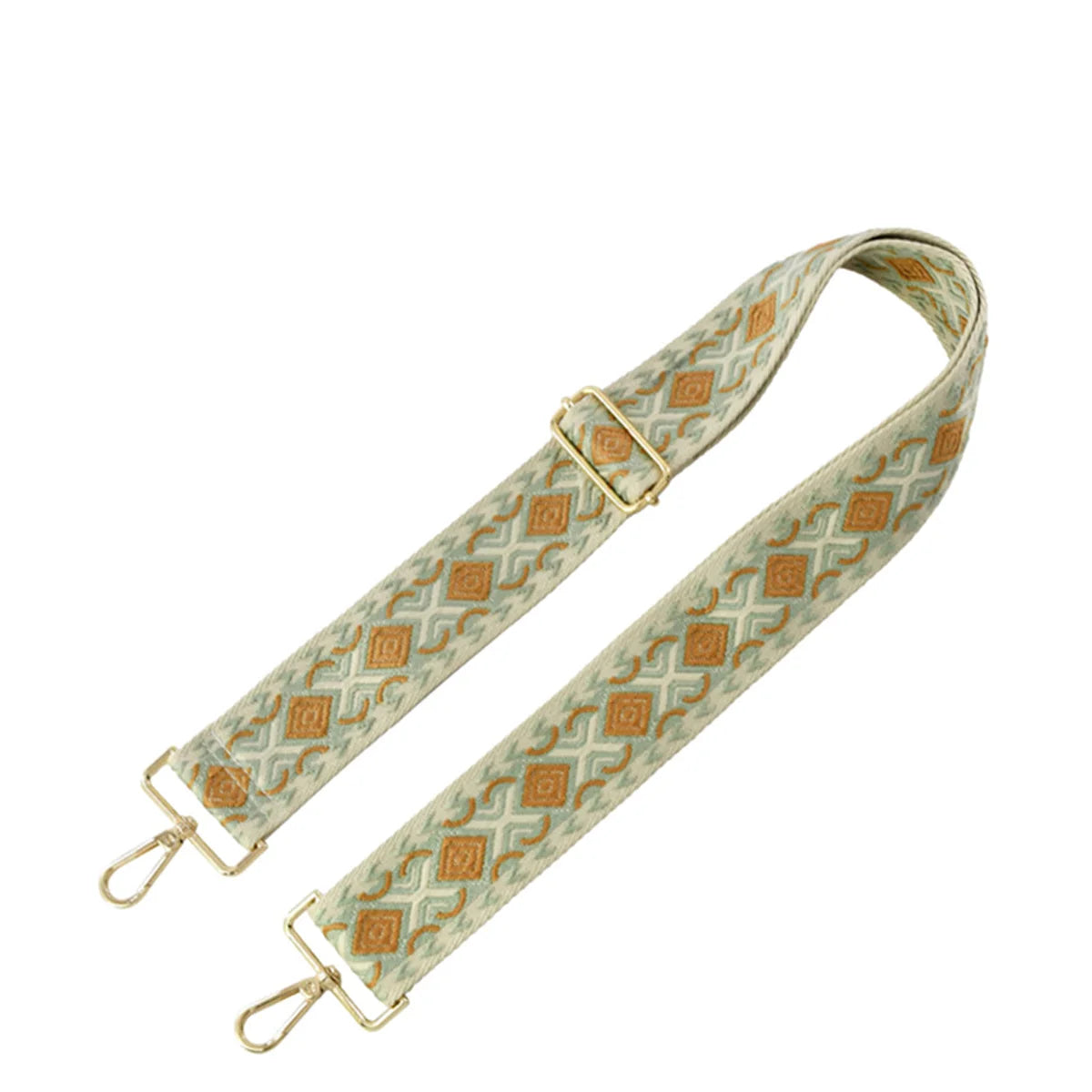 Patterned fabric strap with metal hardware ends featuring Wide Aztec Tribal design