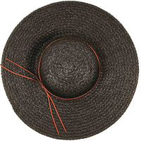 Wide brim floppy beach hat in dark straw with an orange ribbon accent