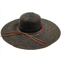 Wide brim floppy beach hat with a straw design and thin orange ribbon accent