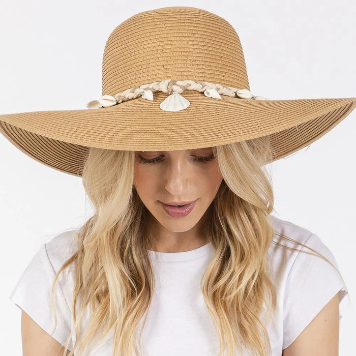 Wide Brim Straw Sun Hat With Shell and Conch Braided Band - Taupe