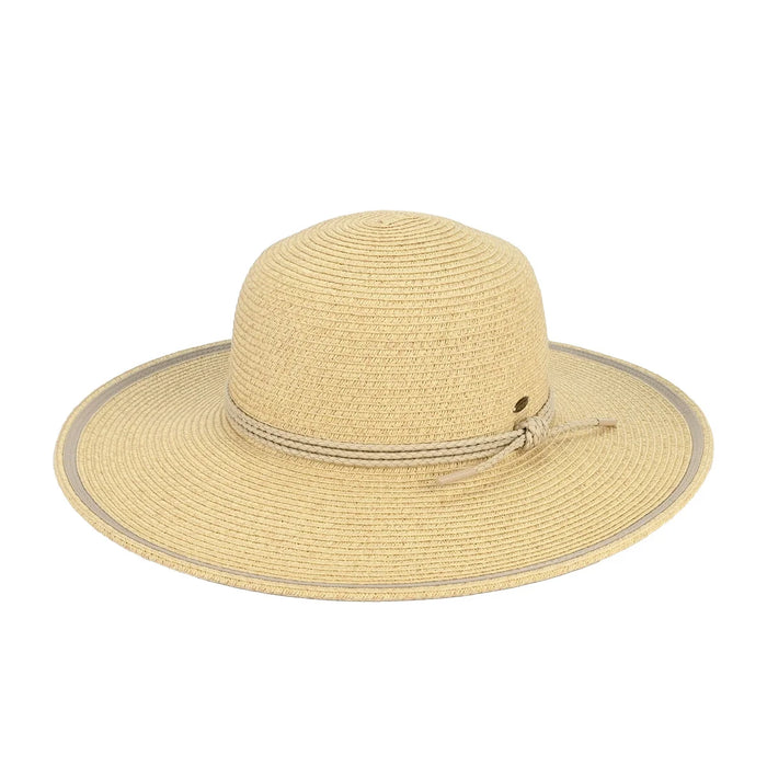 Wide Brim Sun Hat With Rope String Trim Band - Beige