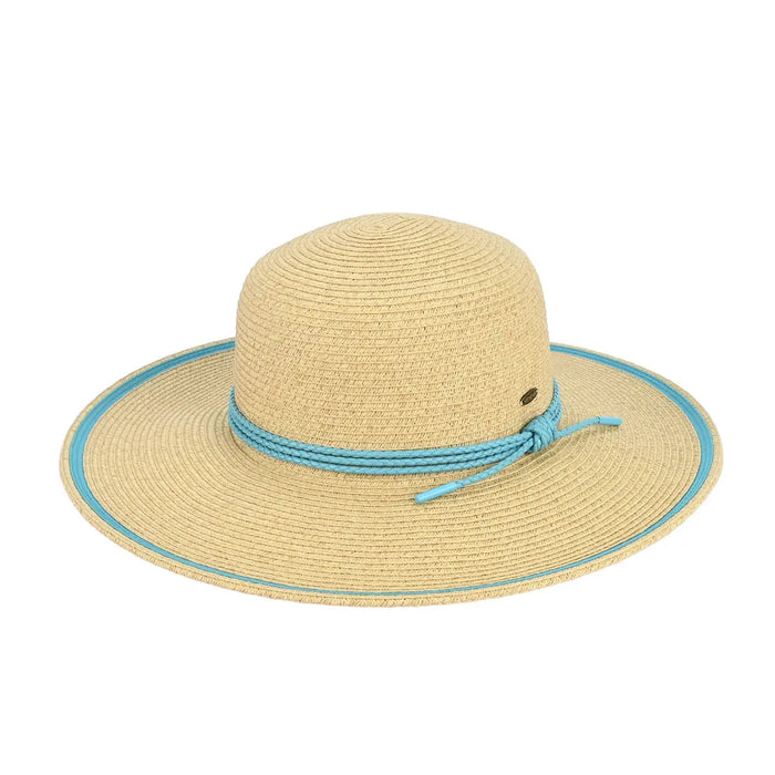 Wide Brim Sun Hat With Rope String Trim Band - Turquoise - STRAW HAT
