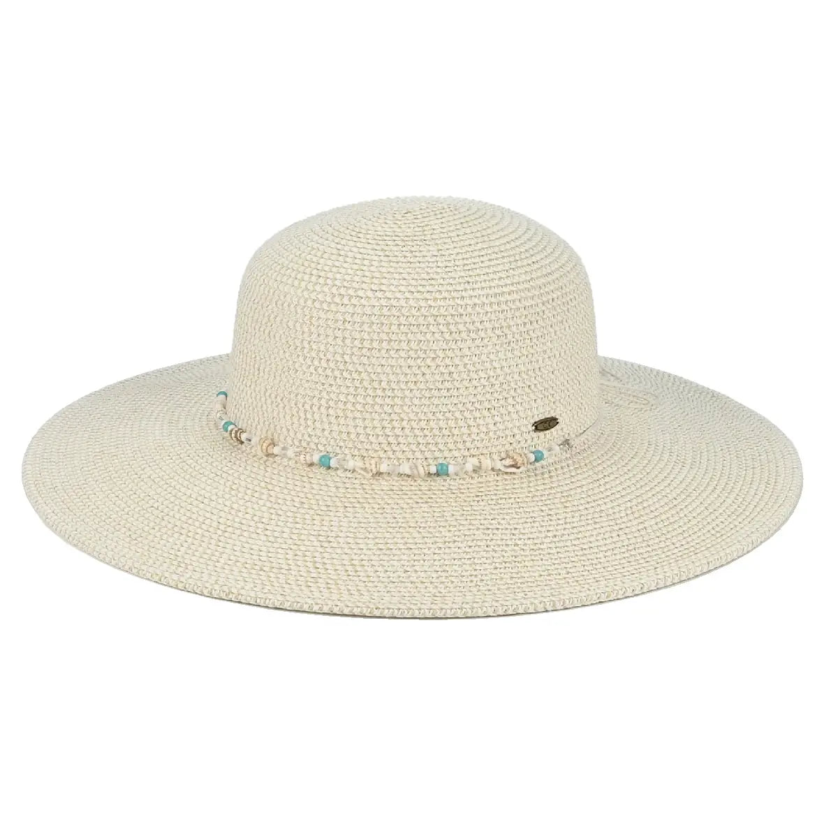 Wide Brim Sun Hat With Shell & Bead Trim Band - Cream - STRAW HAT
