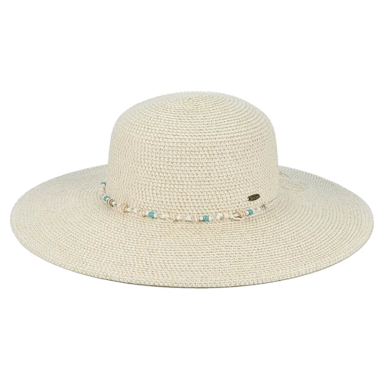 Wide Brim Sun Hat With Shell & Bead Trim Band - Cream - STRAW HAT