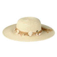 Straw Wide Brim With Shell Trim Hat featuring a seashell-adorned band for summer style