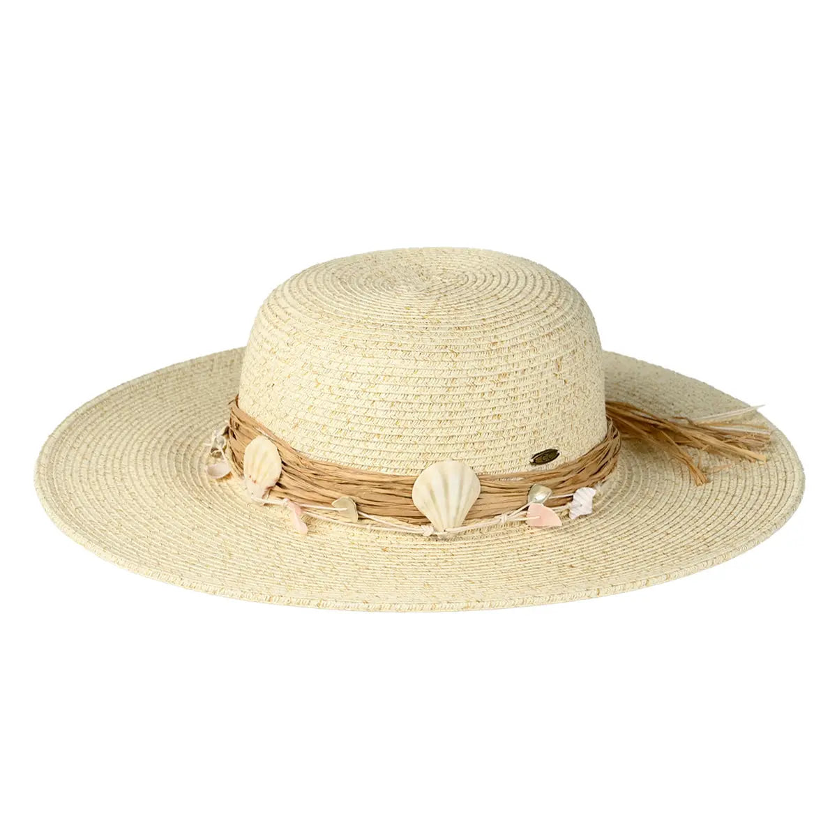 Straw Wide Brim With Shell Trim Hat featuring a seashell-adorned band for summer style