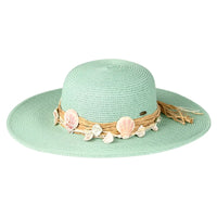 Mint green wide brim shell trim hat with seashells and rope detail