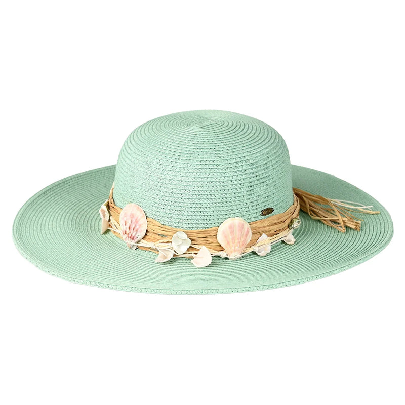 Mint green wide brim shell trim hat with seashells and rope detail