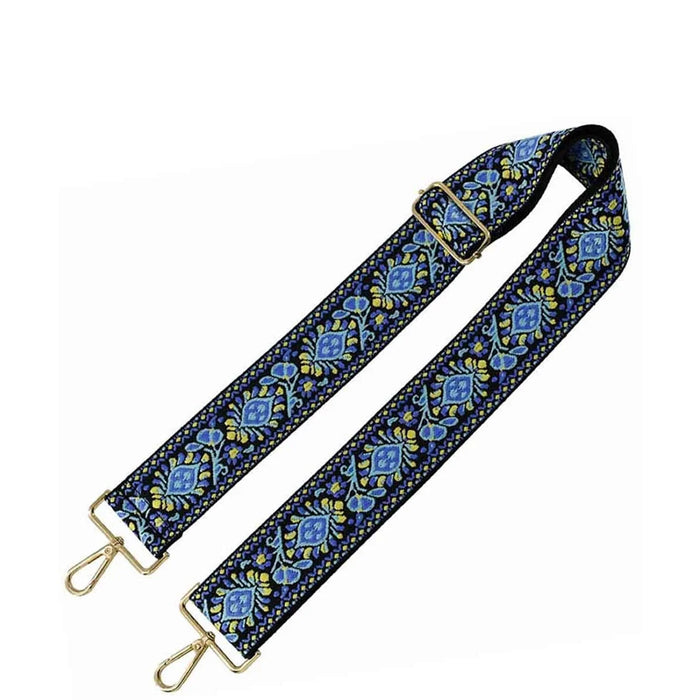 Decorative blue and gold floral fabric bag strap with metal clasps for guitar