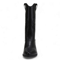 Black leather cowboy boot with tall shaft and pointed toe, perfect for Wild West style