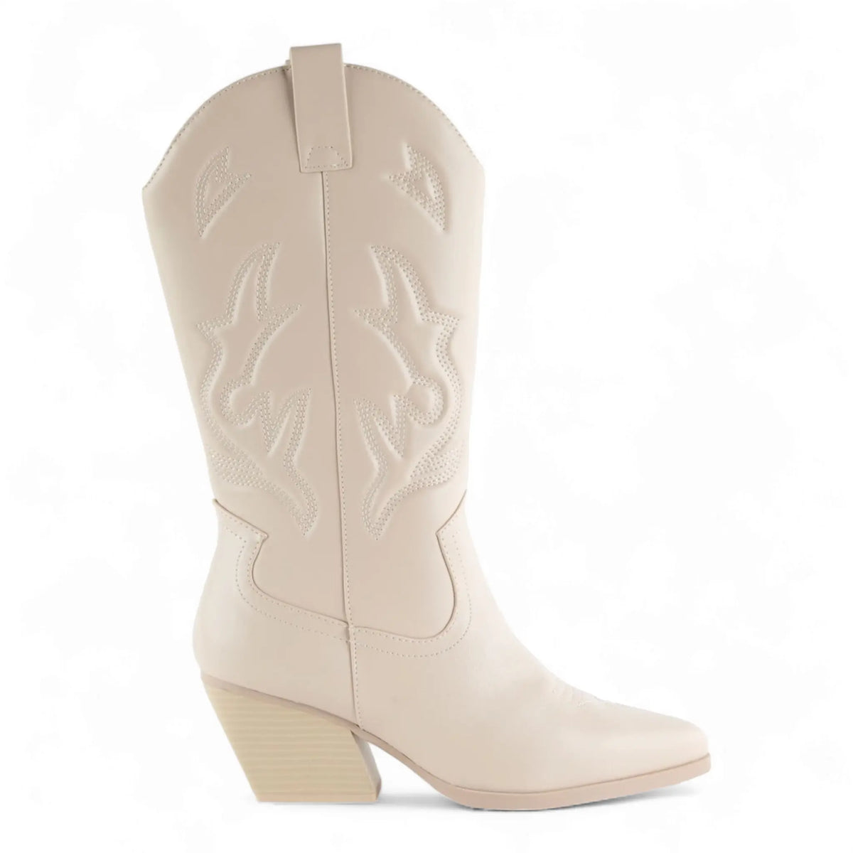 White leather cowboy boot with embroidered stitching for Wild West style fashion