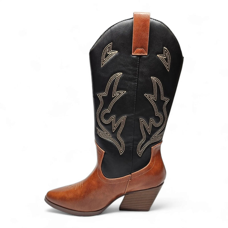 Western-style cowboy boot with two-tone brown leather and black shaft, Wild West design