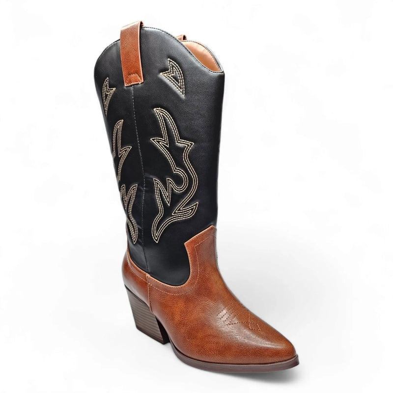 Western-style Wild West Wonder Boots featuring two-tone leather and decorative stitching