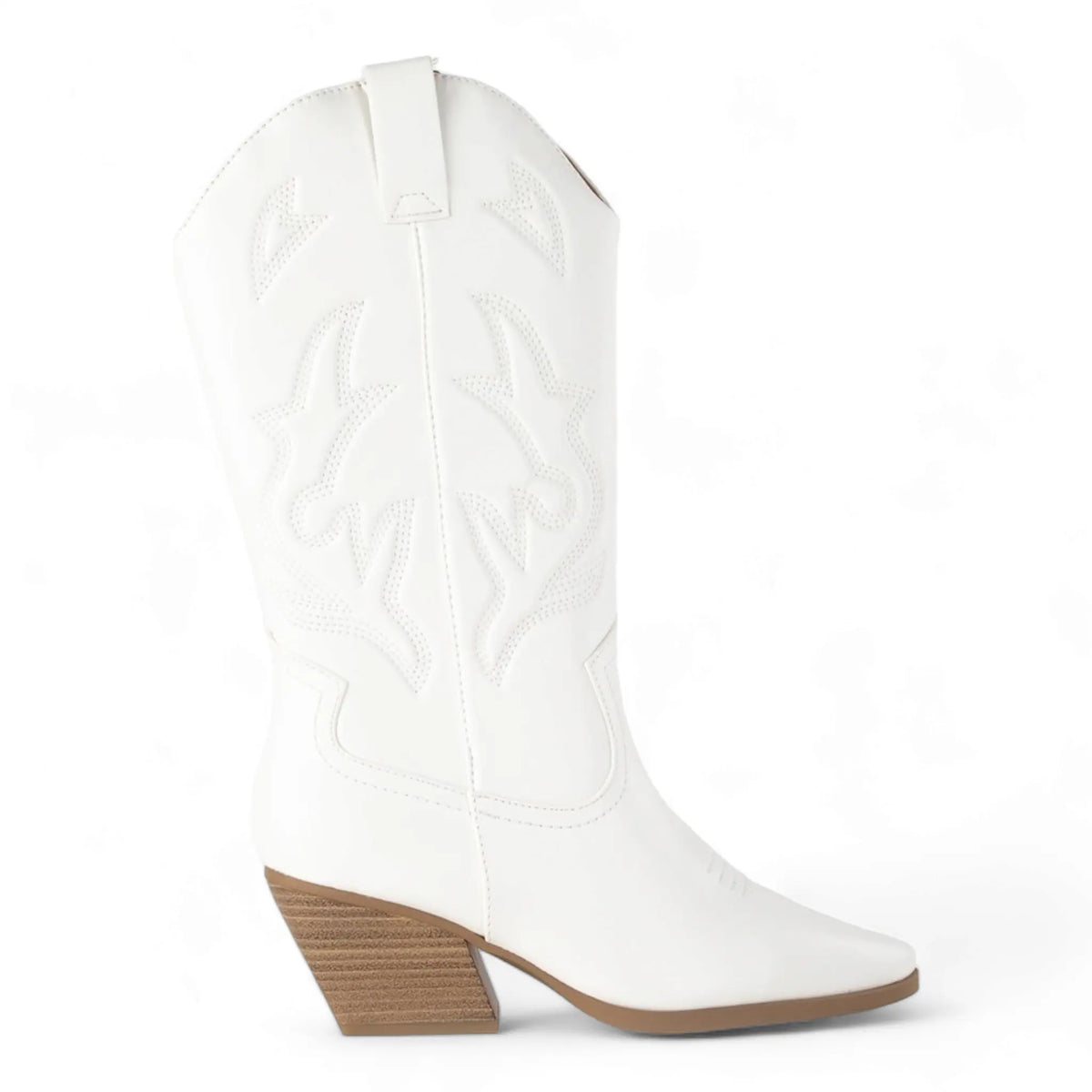 White leather cowboy boot with pointed toe and angled wooden heel, Wild West Wonder Boots