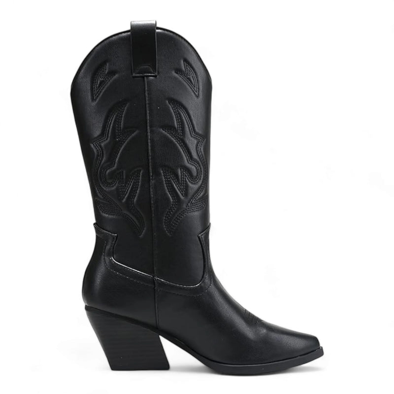 Black leather cowboy boot with decorative stitching from Wild West Wonder Boots