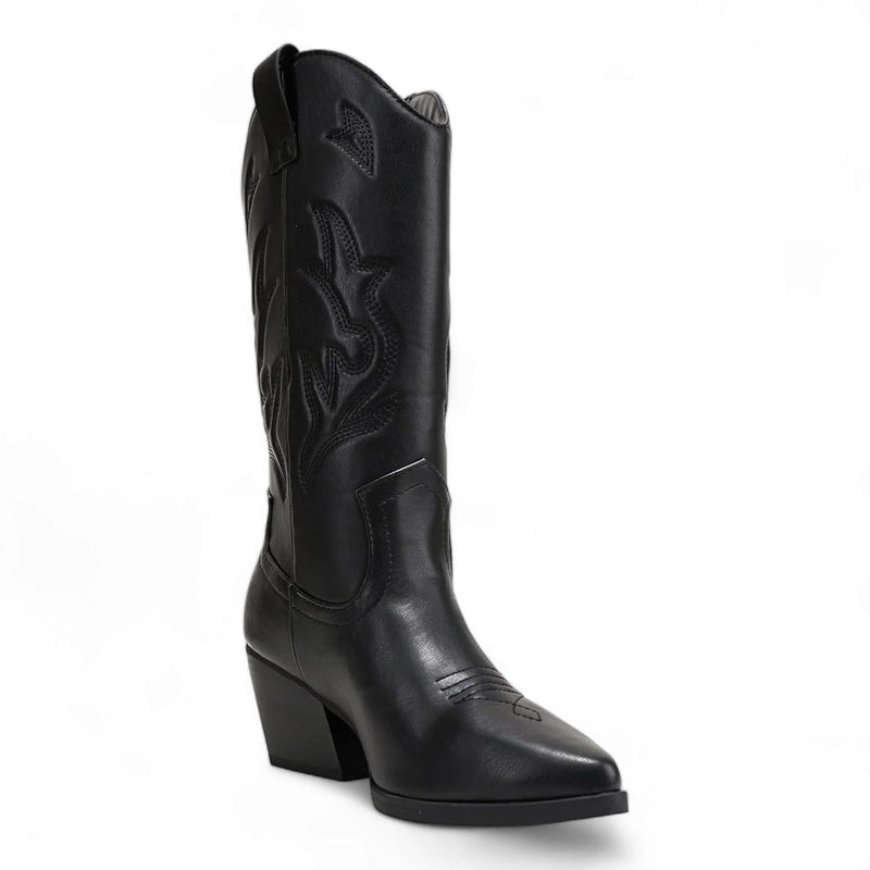 Black leather cowboy boot with decorative stitching from Wild West Wonder Boots