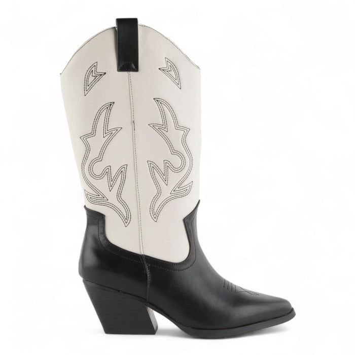 Western-style Wild West Wonder Boots with black foot and white shaft, decorative stitching