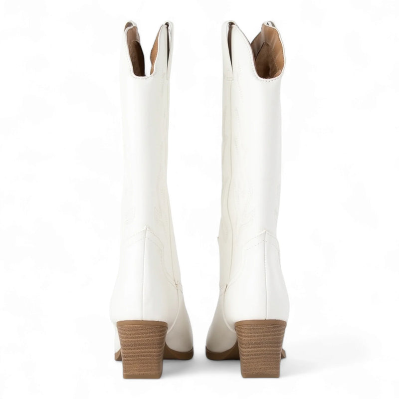 Wild West Wonder Boots white knee-high boots with wooden block heels for stylish outfits