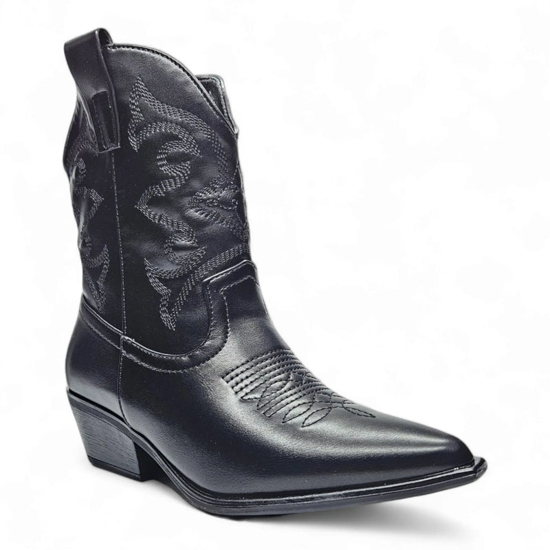 Black leather cowboy boot with pointed toe and decorative stitching named Willa Wonka