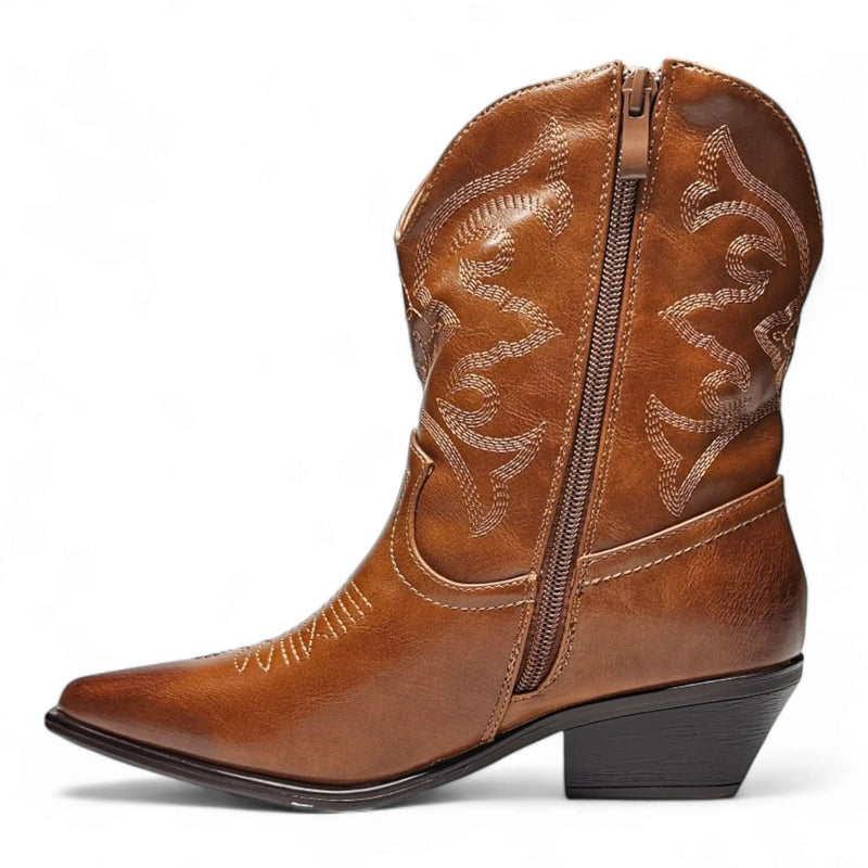 Brown leather cowboy boot with decorative stitching and side zipper by Willa Wonka