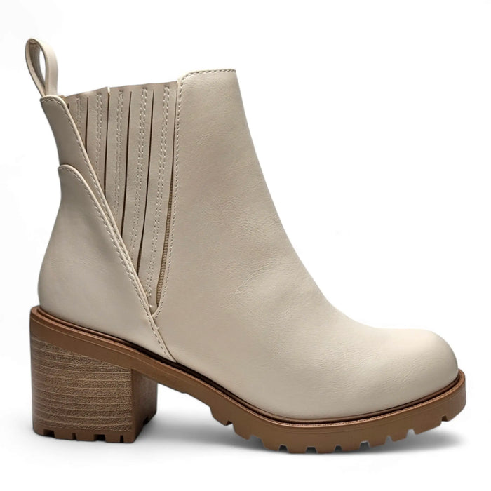 Beige leather Wise Choices Bootie with block heel and rugged sole for stylish comfort