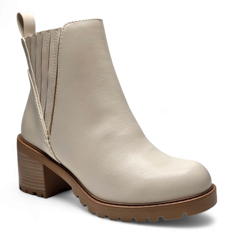 Cream-colored leather Wise Choices Bootie with block heel and rugged sole