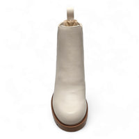 White leather Wise Choices Bootie with block heel, brown sole, and pull tab