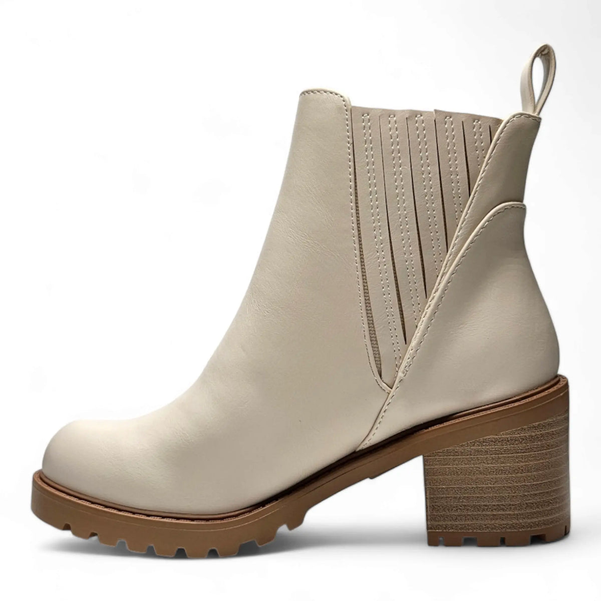 Beige leather Wise Choices Bootie with block heel and elastic side panel