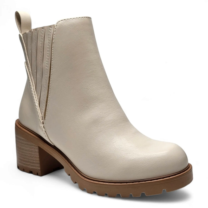 Cream-colored leather Wise Choices Bootie with block heel and rugged sole