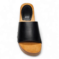 Black leather slide sandal on wooden sole for stylish wooden open toe clogs