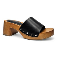 Black leather slide sandal with wooden platform heel, perfect for open toe clogs