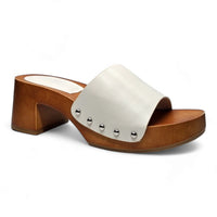 White leather slip-on sandal with wooden platform heel, perfect for open toe clogs